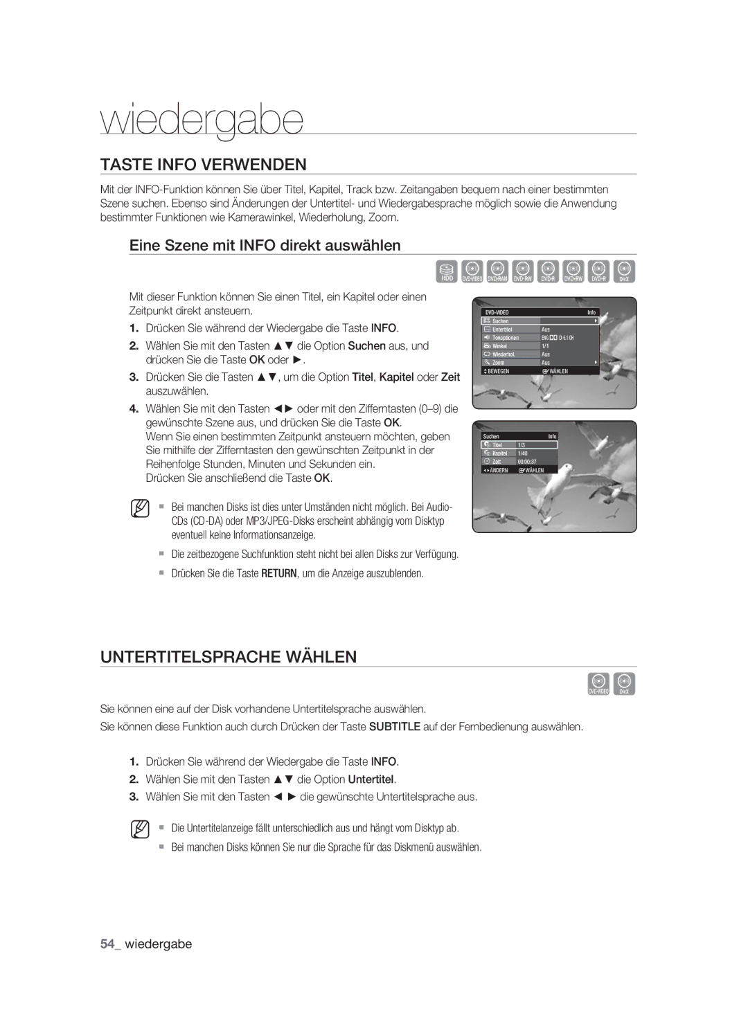 Samsung DVD-HR773A/XEG Szxcvkld, Taste Info Verwenden, Untertitelsprache Wählen, Eine Szene mit Info direkt auswählen 