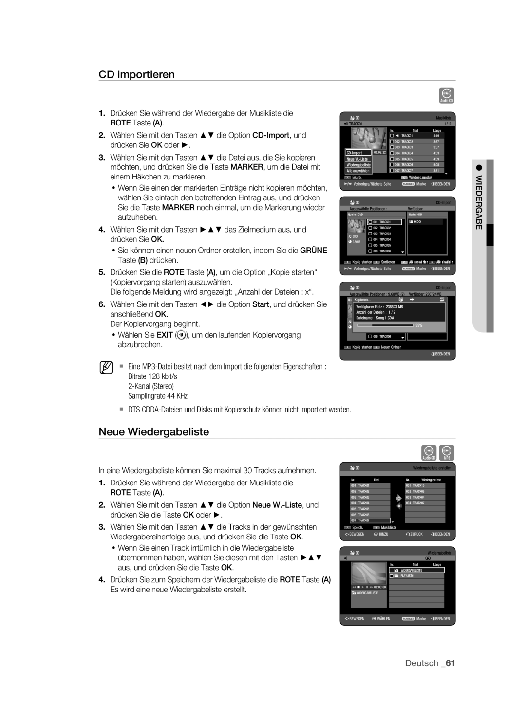 Samsung DVD-HR775A/XEB manual CD importieren, Neue Wiedergabeliste, Die folgende Meldung wird angezeigt „Anzahl der Dateien 