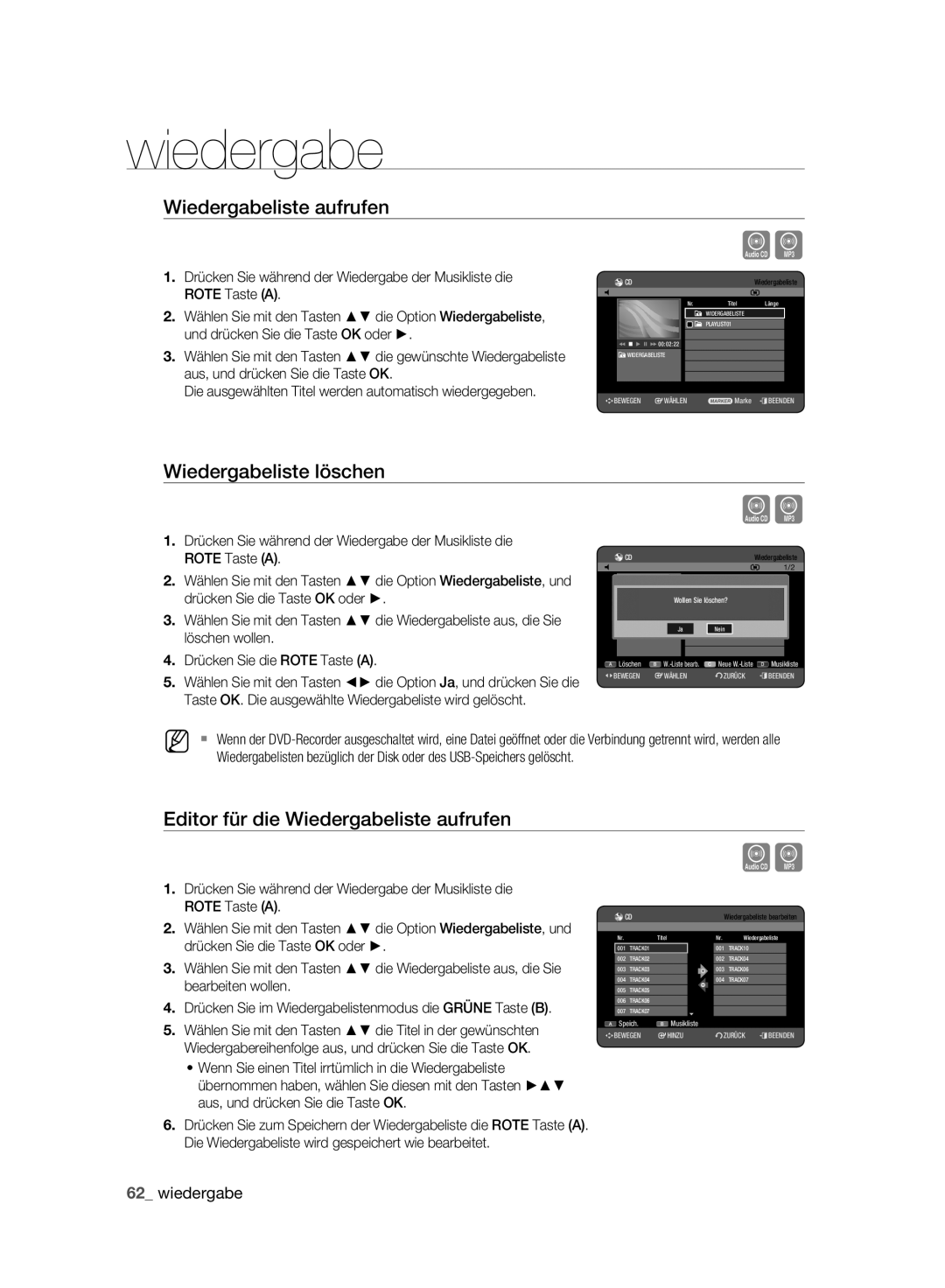 Samsung DVD-HR773A/XEB, DVD-HR775A/XEN, DVD-HR775A/EDC Wiedergabeliste löschen, Editor für die Wiedergabeliste aufrufen 