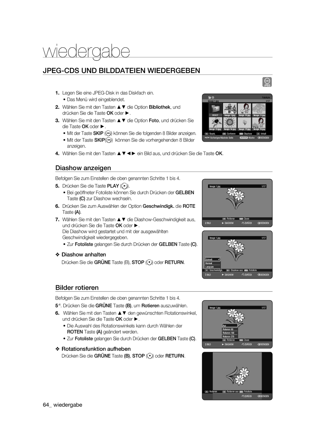 Samsung DVD-HR775A/AUS manual JPEG-CDS UND Bilddateien Wiedergeben, Diashow anzeigen, Bilder rotieren, Diashow anhalten 