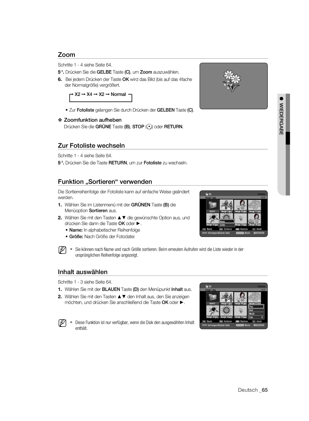 Samsung DVD-HR775A/XEG, DVD-HR775A/XEN, DVD-HR775A/EDC, DVD-HR773A/XEN Zur Fotoliste wechseln, Zoomfunktion aufheben 