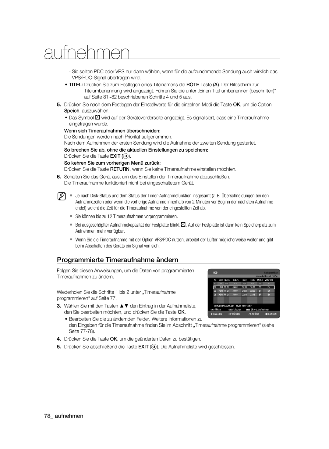 Samsung DVD-HR775A/AUS manual Programmierte Timeraufnahme ändern, Wiederholen Sie die Schritte 1 bis 2 unter „Timeraufnahme 