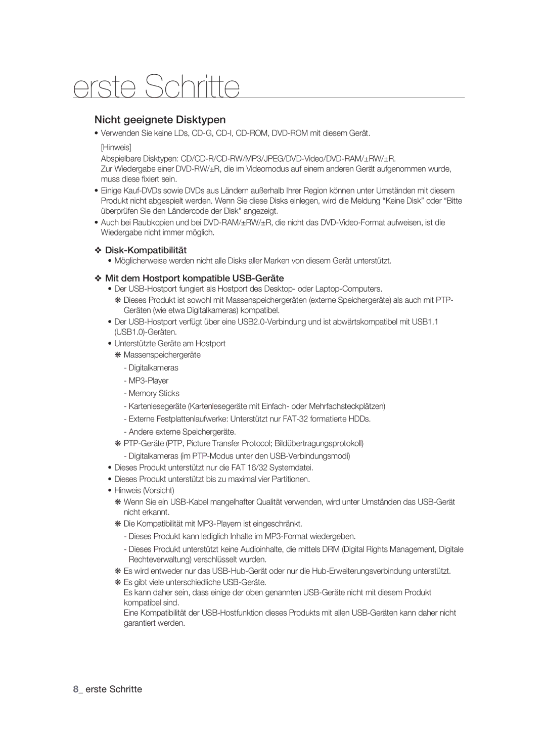 Samsung DVD-HR775A/AUS manual Nicht geeignete Disktypen, Disk-Kompatibilität, Mit dem Hostport kompatible USB-Geräte 