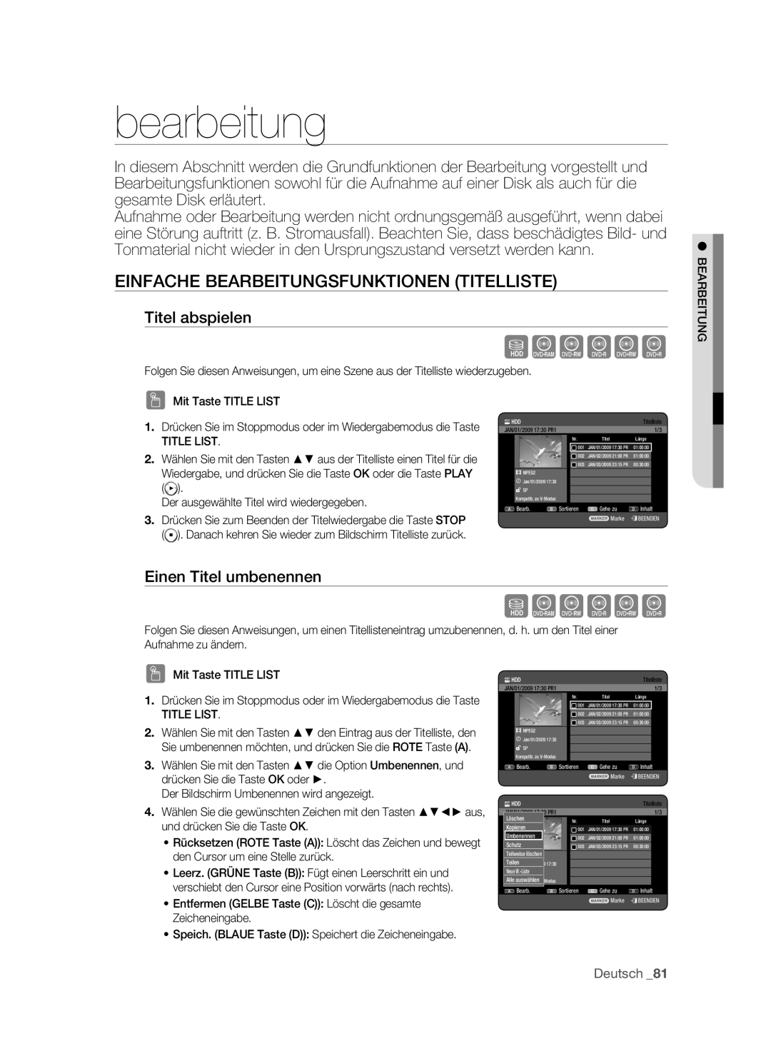 Samsung DVD-HR773A/AUS Einfache Bearbeitungsfunktionen Titelliste, Titel abspielen, Einen Titel umbenennen, Title List 