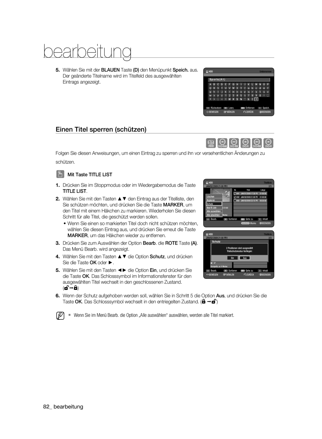 Samsung DVD-HR773A/XEG, DVD-HR775A/XEN manual Einen Titel sperren schützen, Bearbeitung, Schützen Mit Taste Title List 