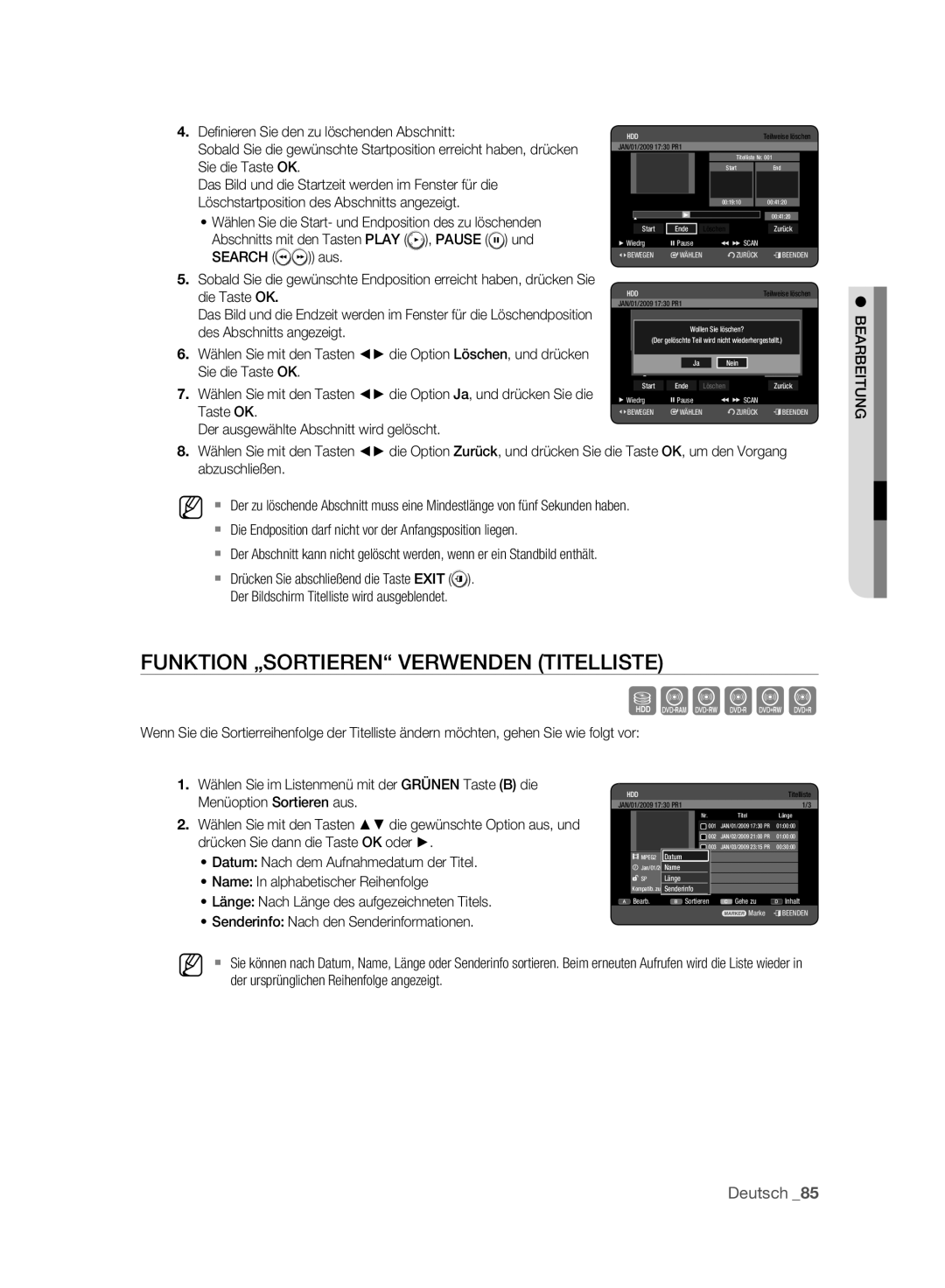 Samsung DVD-HR775A/EDC, DVD-HR775A/XEN Funktion „SORTIEREN Verwenden Titelliste, Datum Nach dem Aufnahmedatum der Titel 