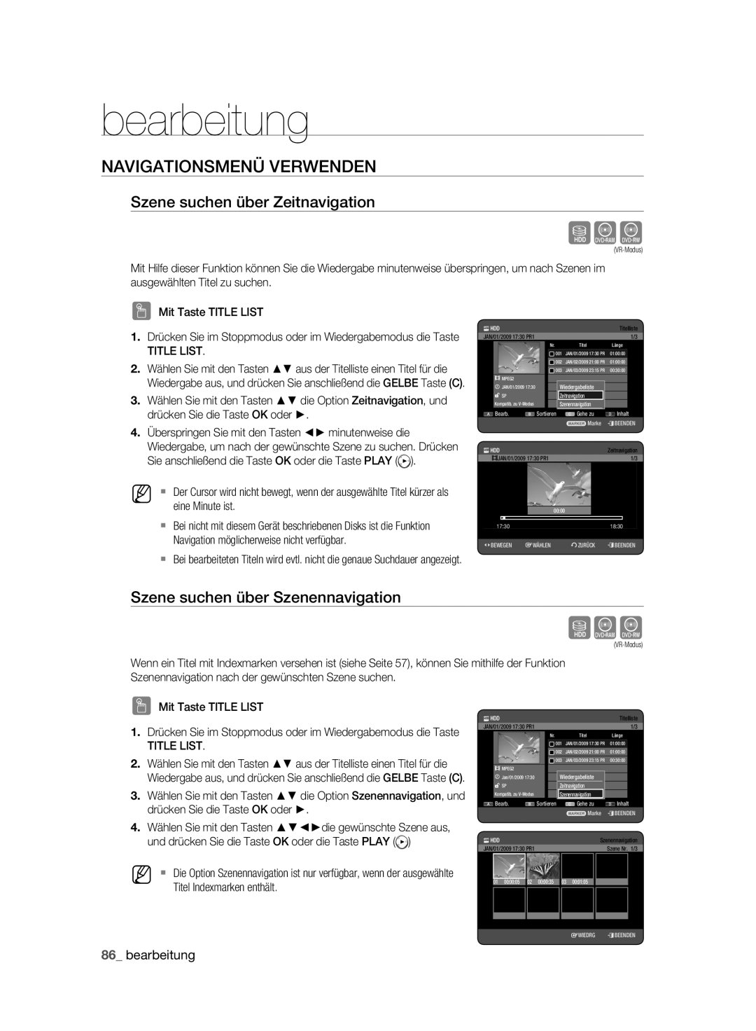 Samsung DVD-HR773A/XEN Navigationsmenü Verwenden, Szene suchen über Zeitnavigation, Szene suchen über Szenennavigation 