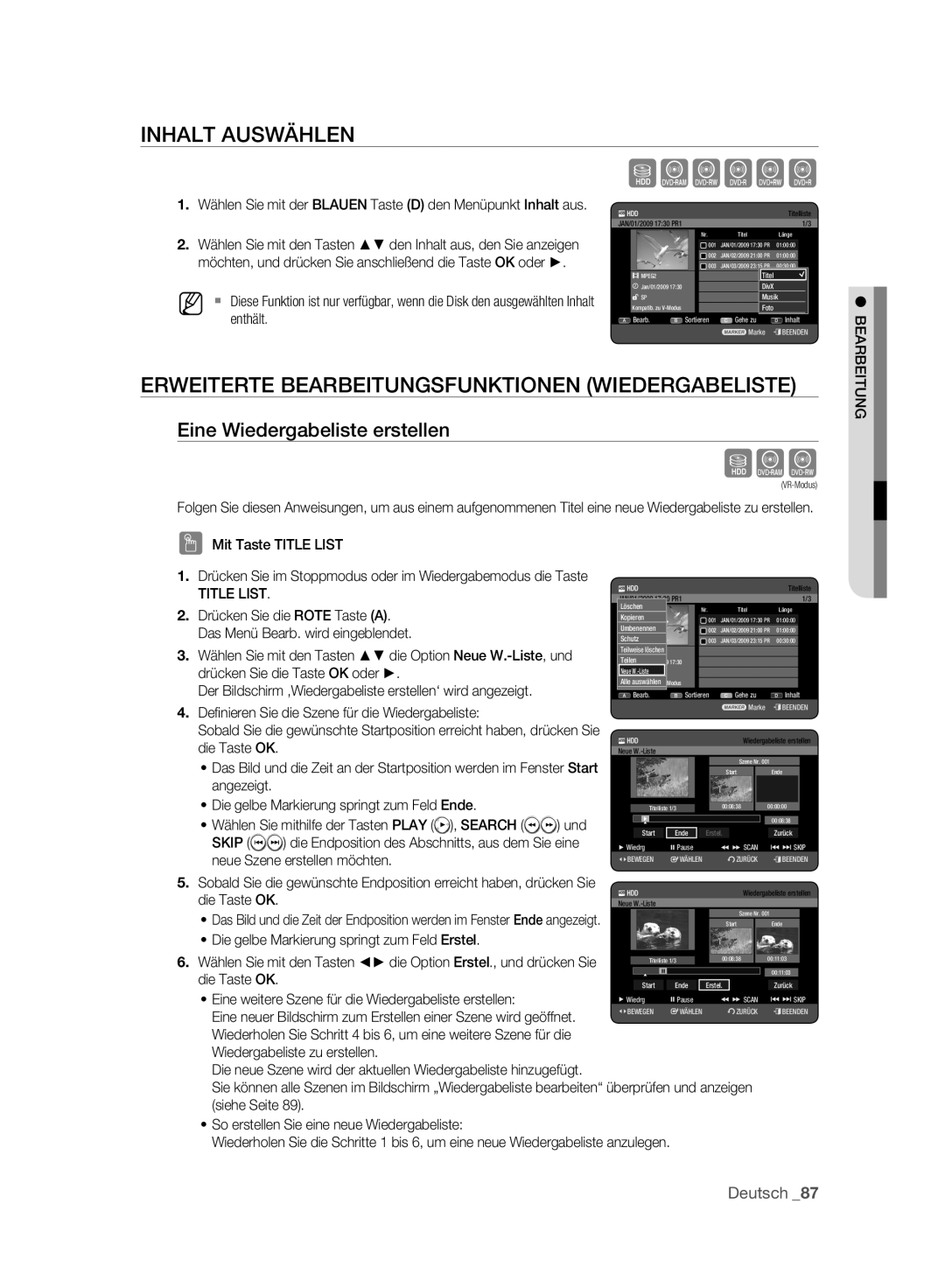 Samsung DVD-HR777A/XEG Inhalt Auswählen, Erweiterte Bearbeitungsfunktionen Wiedergabeliste, Eine Wiedergabeliste erstellen 