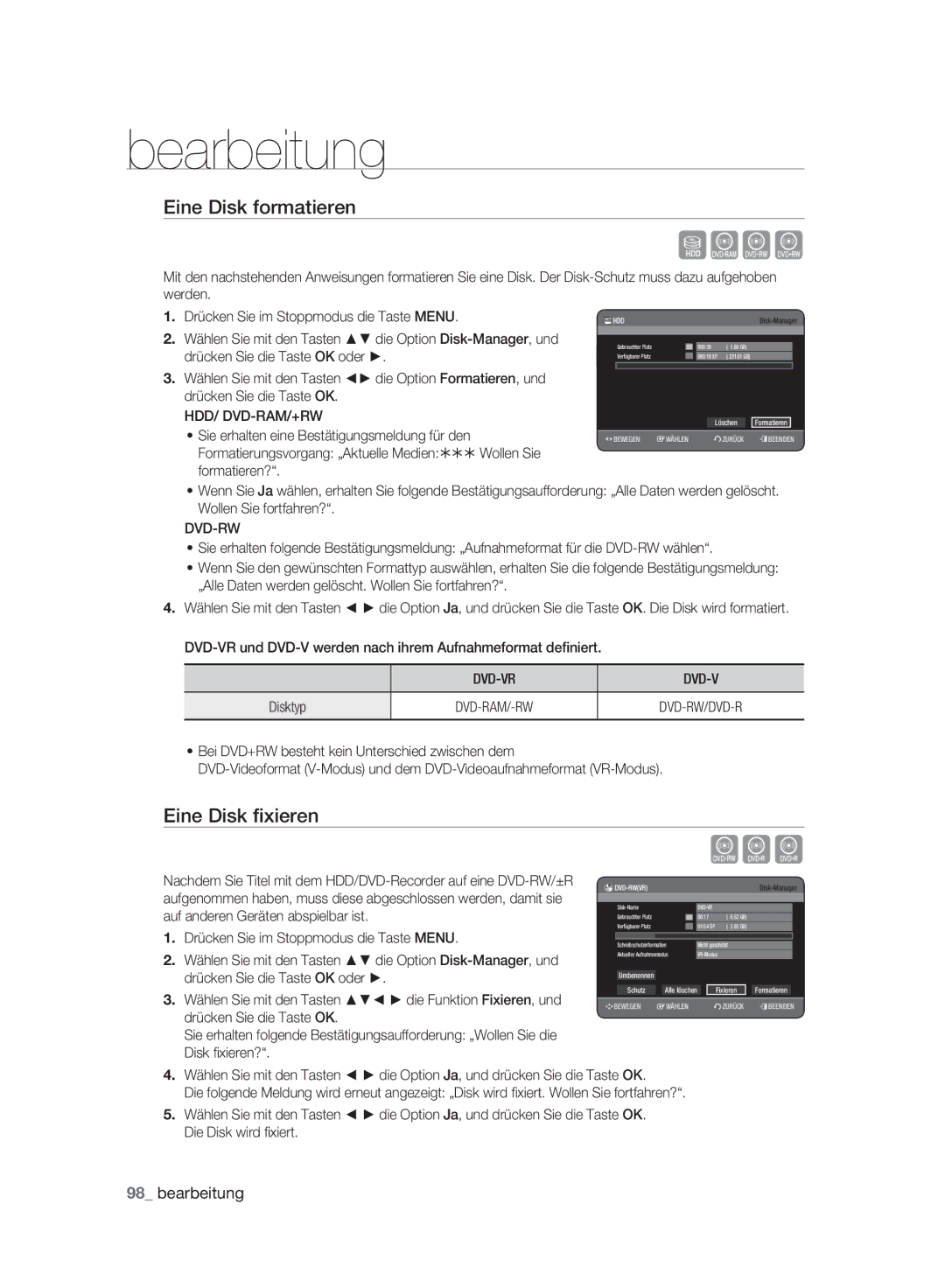 Samsung DVD-HR775A/XEN, DVD-HR775A/EDC manual Cvl, Eine Disk formatieren, Eine Disk ﬁxieren, Hdd/ Dvd-Ram/+Rw, Dvd-Vr 