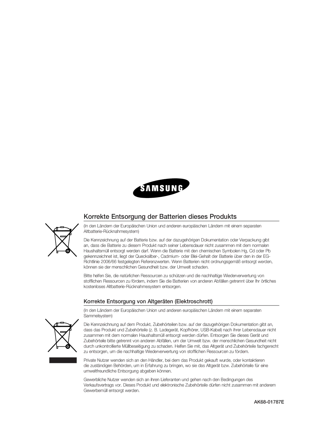 Samsung DVD-HR775A/XEN, DVD-HR775A/EDC, DVD-HR773A/XEN, DVD-HR777A/XEG Korrekte Entsorgung der Batterien dieses Produkts 