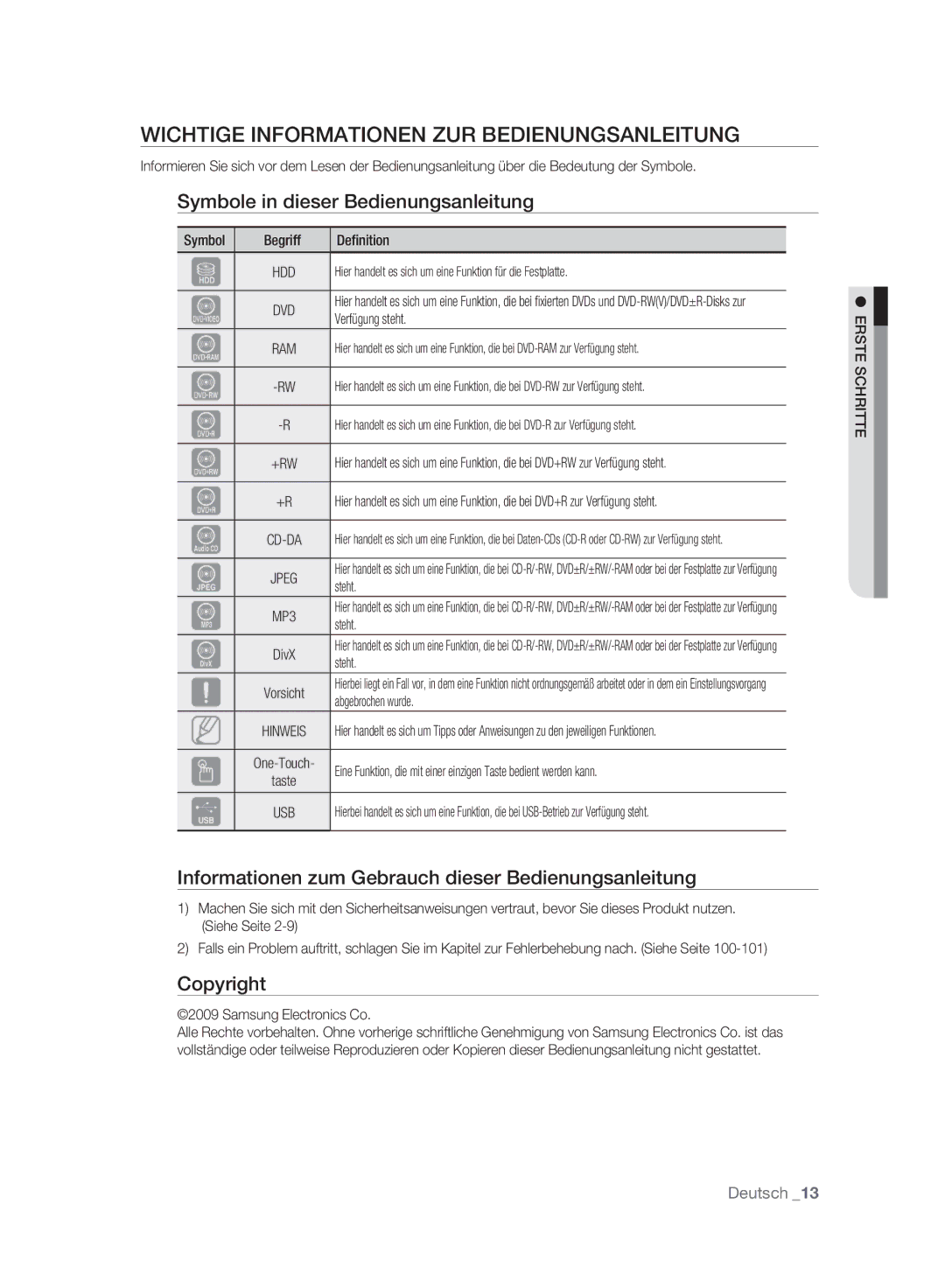 Samsung DVD-HR777A/AUS Wichtige Informationen ZUR Bedienungsanleitung, Symbole in dieser Bedienungsanleitung, Copyright 