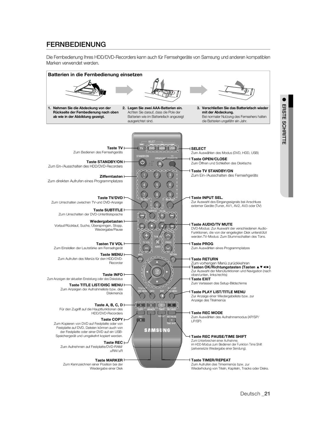 Samsung DVD-HR773A/EDC, DVD-HR775A/XEN, DVD-HR775A/EDC, DVD-HR773A/XEN manual Batterien in die Fernbedienung einsetzen 