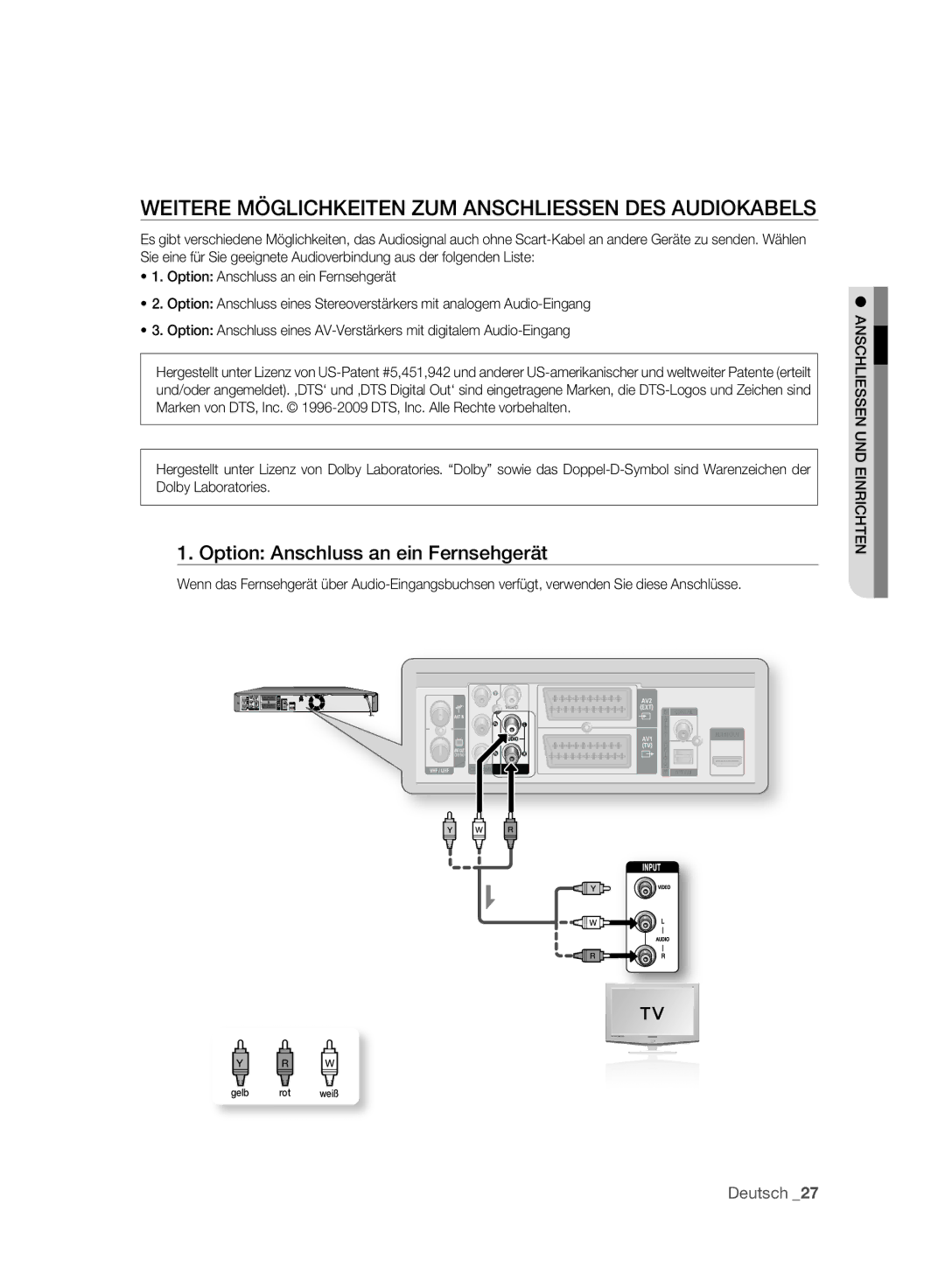 Samsung DVD-HR777A/AUS manual Weitere Möglichkeiten ZUM Anschliessen DES Audiokabels, Option Anschluss an ein Fernsehgerät 