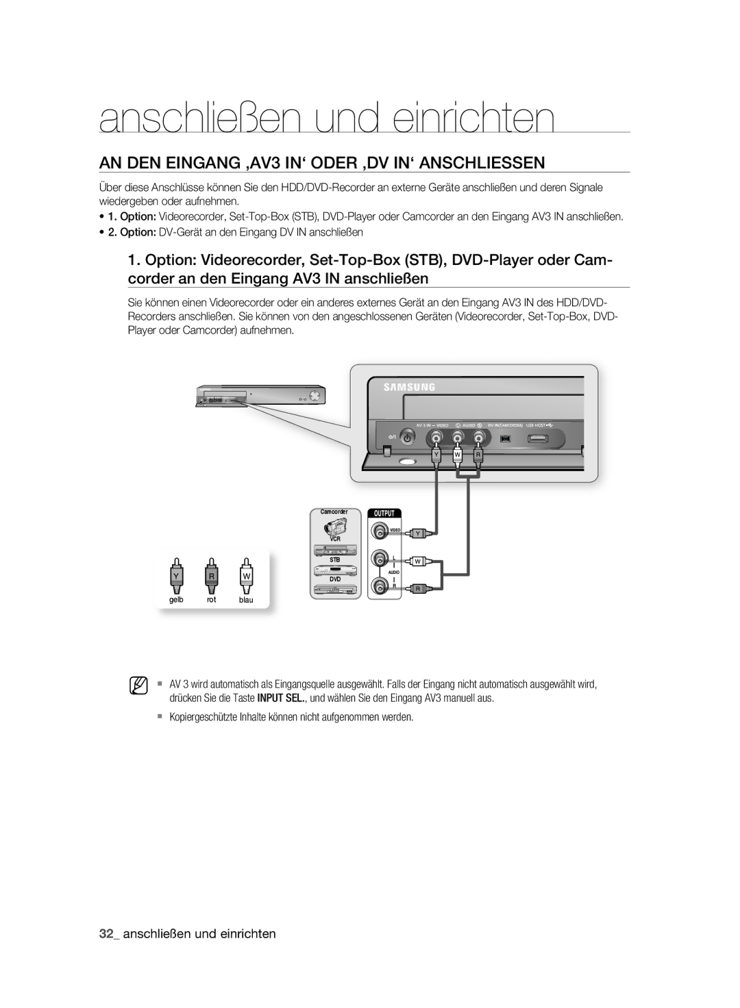 Samsung DVD-HR777A/EDC AN DEN Eingang ‚AV3 IN‘ Oder ‚DV IN‘ Anschliessen, Option DV-Gerät an den Eingang DV in anschließen 