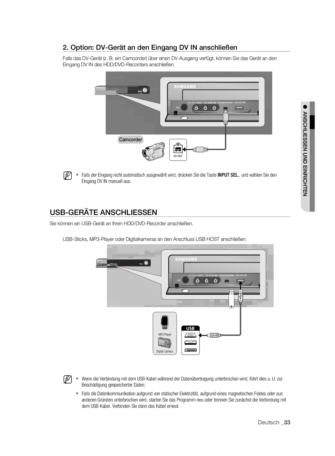 Samsung DVD-HR775A/XEB, DVD-HR775A/XEN manual USB-GERÄTE Anschliessen, Option DV-Gerät an den Eingang DV in anschließen 