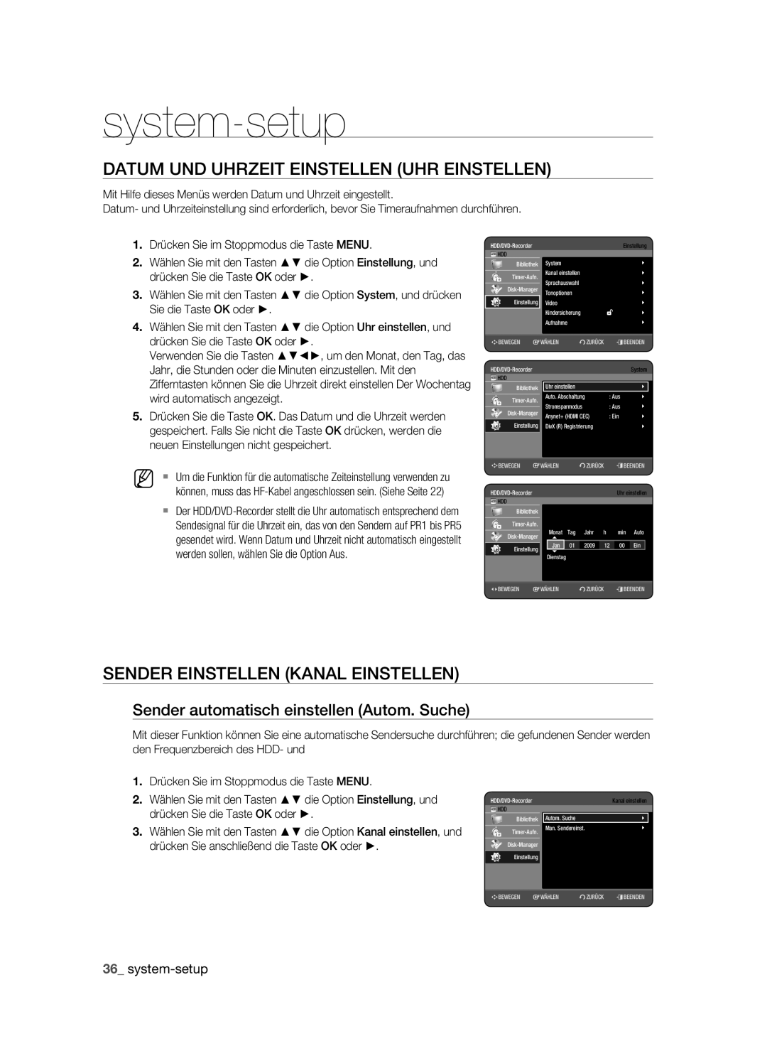 Samsung DVD-HR775A/AUS, DVD-HR775A/XEN Datum UND Uhrzeit Einstellen UHR Einstellen, Sender Einstellen Kanal Einstellen 