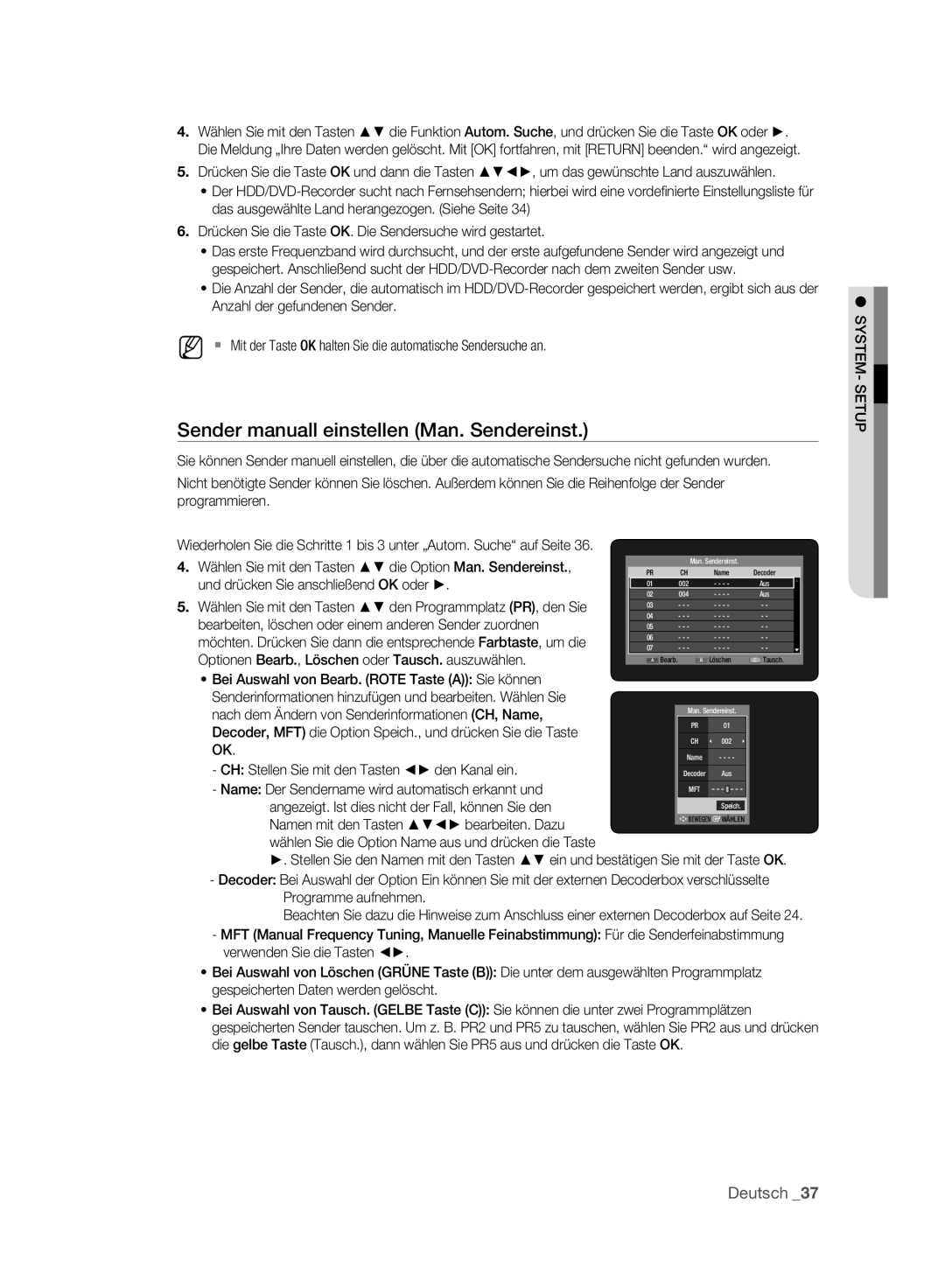 Samsung DVD-HR775A/XEG, DVD-HR775A/XEN, DVD-HR775A/EDC, DVD-HR773A/XEN Sender manuall einstellen Man. Sendereinst 