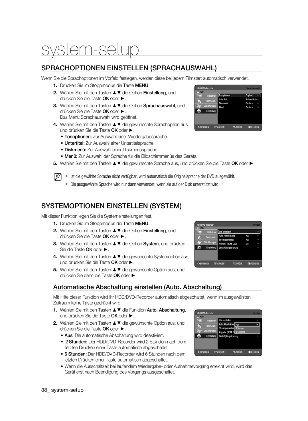 Samsung DVD-HR777A/XEB, DVD-HR775A/XEN manual Sprachoptionen Einstellen Sprachauswahl, Systemoptionen Einstellen System 