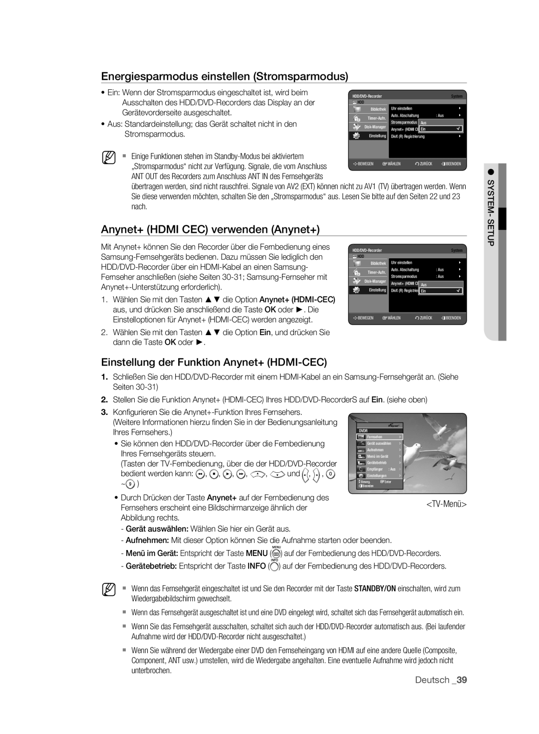 Samsung DVD-HR773A/AUS, DVD-HR775A/XEN manual Energiesparmodus einstellen Stromsparmodus, Anynet+ Hdmi CEC verwenden Anynet+ 