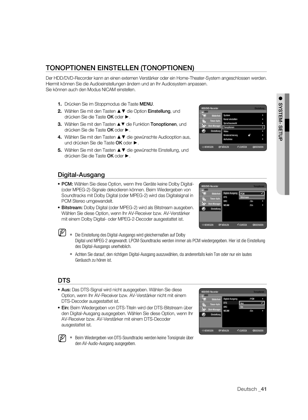 Samsung DVD-HR777A/AUS, DVD-HR775A/XEN, DVD-HR775A/EDC, DVD-HR773A/XEN Tonoptionen Einstellen Tonoptionen, Digital-Ausgang 