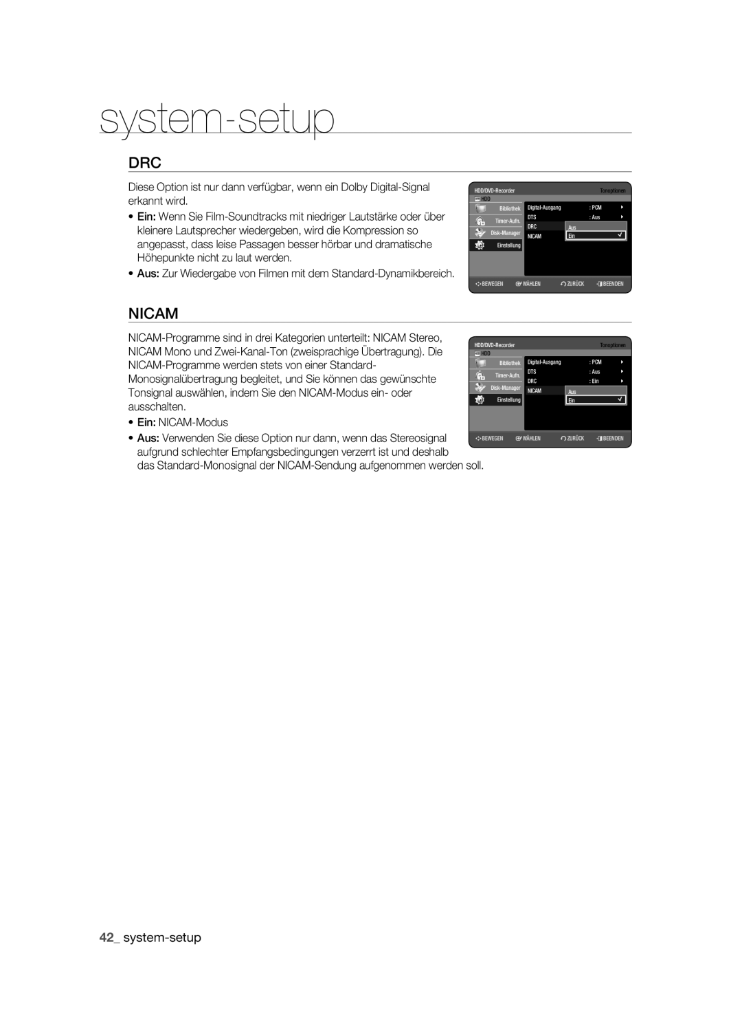 Samsung DVD-HR775A/XEN, DVD-HR775A/EDC manual NICAM-Programme werden stets von einer Standard, Ausschalten, Ein NICAM-Modus 