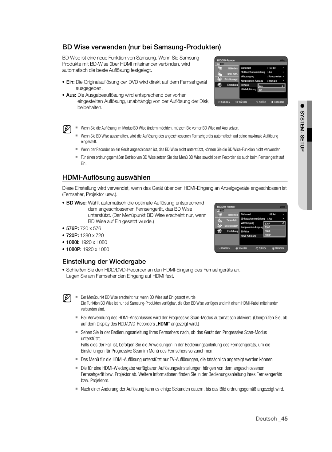 Samsung DVD-HR777A/XEG BD Wise verwenden nur bei Samsung-Produkten, HDMI-Auﬂösung auswählen, Einstellung der Wiedergabe 