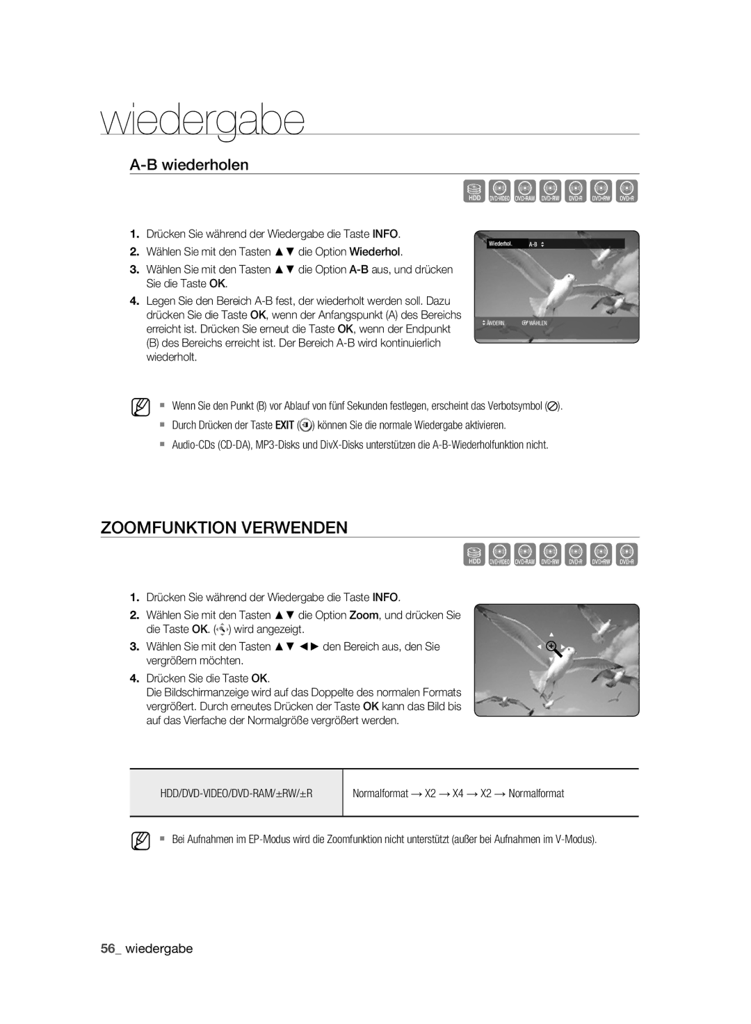 Samsung DVD-HR775A/XEN manual Szxcvkl, Zoomfunktion Verwenden, Wiederholen, Normalformat → X2 → X4 → X2 → Normalformat 