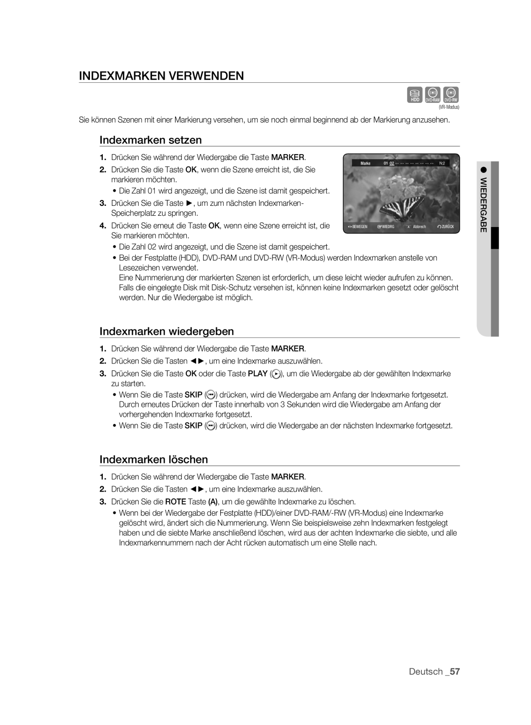 Samsung DVD-HR775A/EDC manual Sxc, Indexmarken Verwenden, Indexmarken setzen, Indexmarken wiedergeben, Indexmarken löschen 