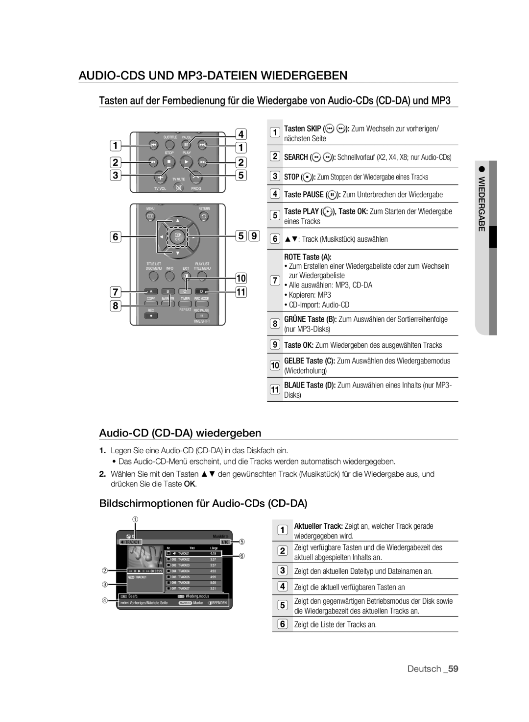 Samsung DVD-HR777A/XEG, DVD-HR775A/XEN, DVD-HR775A/EDC AUDIO-CDS UND MP3-DATEIEN Wiedergeben, Audio-CD CD-DA wiedergeben 