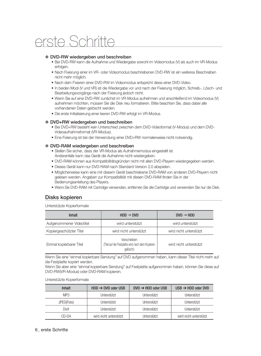 Samsung DVD-HR773A/XEB manual Disks kopieren, DVD-RW wiedergeben und beschreiben, DVD+RW wiedergeben und beschreiben 