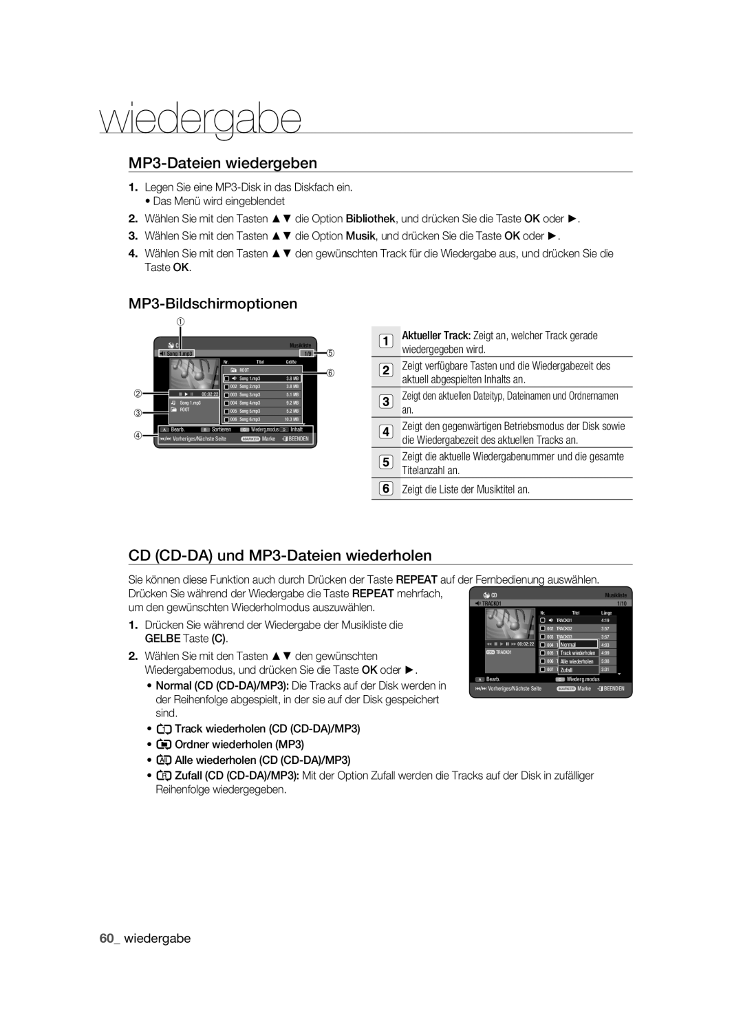 Samsung DVD-HR777A/EDC manual MP3-Dateien wiedergeben, MP3-Bildschirmoptionen, CD CD-DA und MP3-Dateien wiederholen 