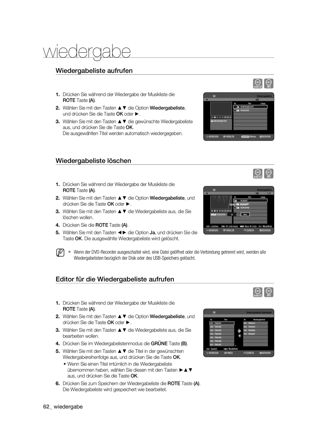 Samsung DVD-HR773A/XEB, DVD-HR775A/XEN, DVD-HR775A/EDC Wiedergabeliste löschen, Editor für die Wiedergabeliste aufrufen 