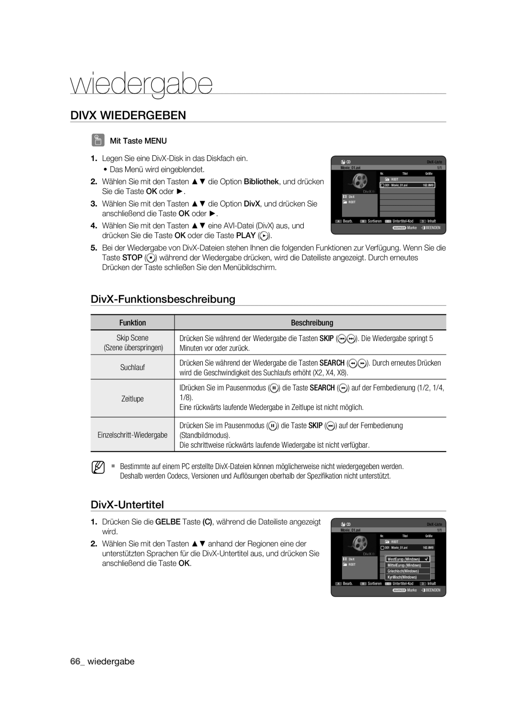 Samsung DVD-HR777A/XEB, DVD-HR775A/XEN, DVD-HR775A/EDC manual Divx Wiedergeben, DivX-Funktionsbeschreibung, DivX-Untertitel 