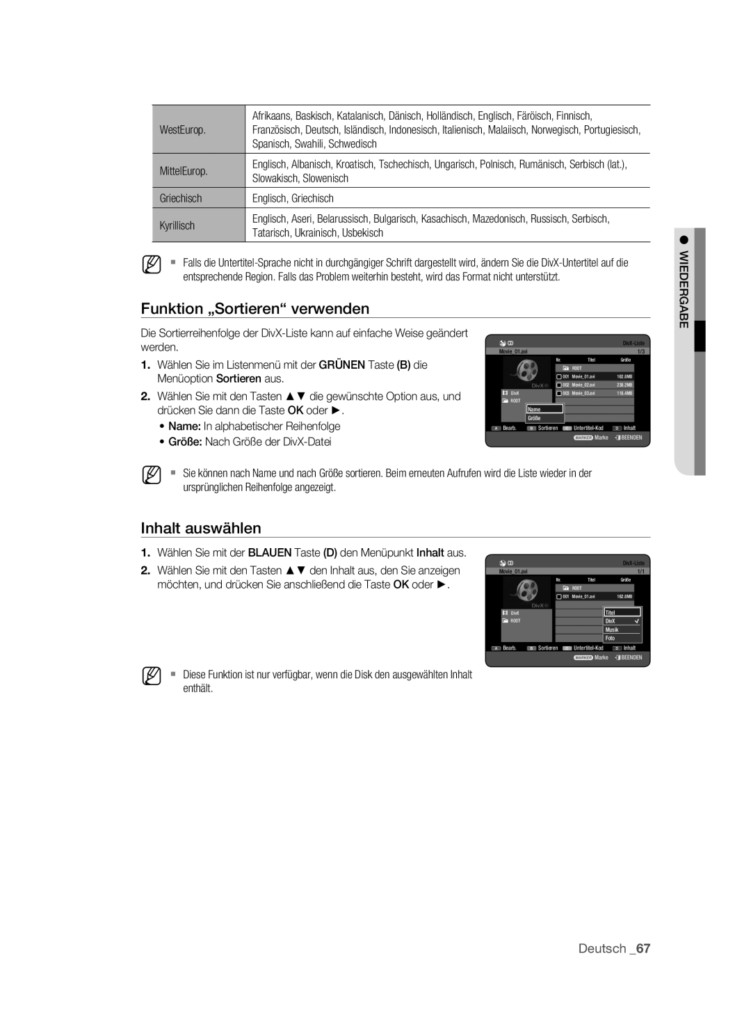 Samsung DVD-HR773A/AUS manual Werden, Wählen Sie im Listenmenü mit der Grünen Taste B die, Menüoption Sortieren aus 