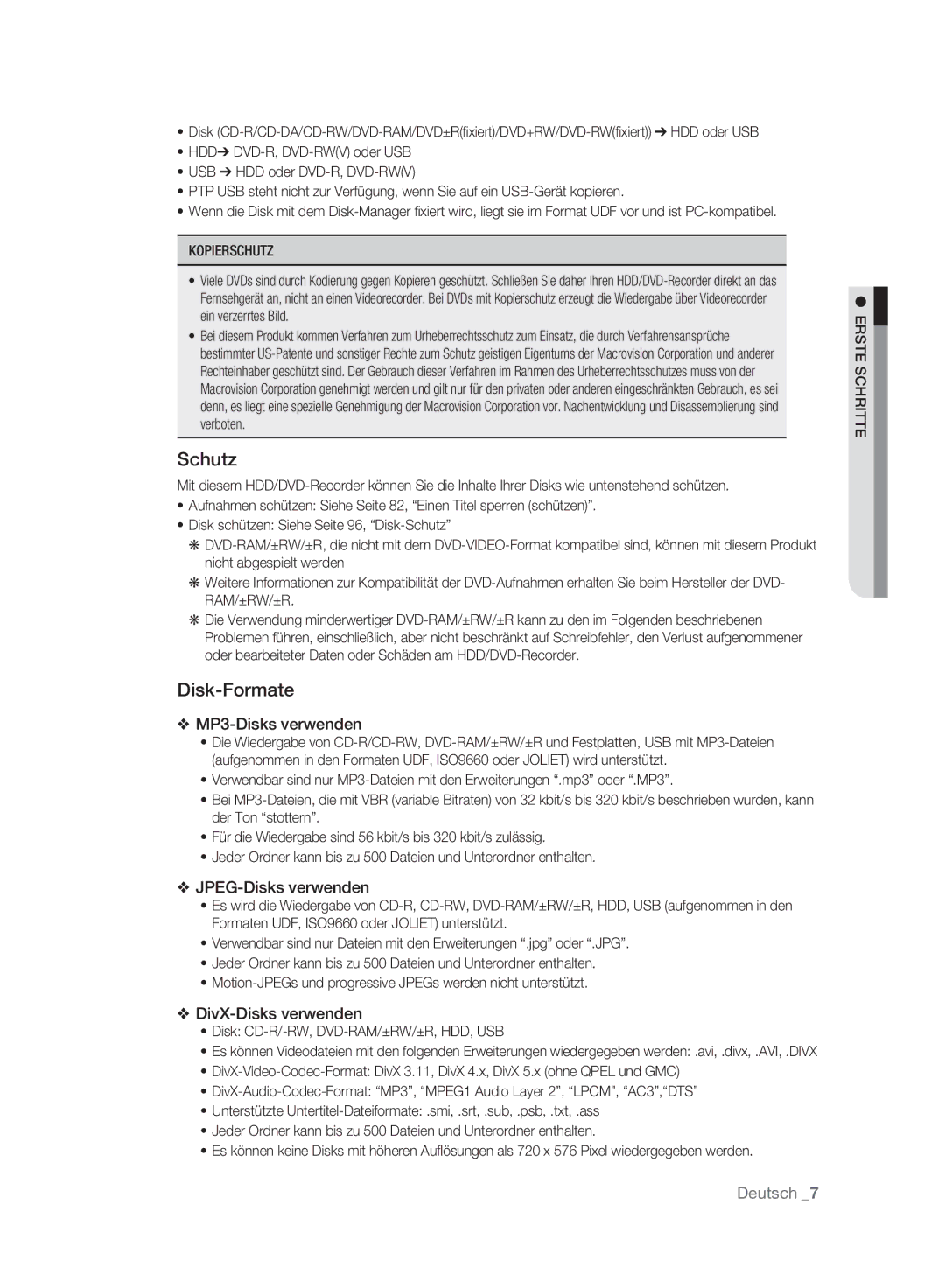 Samsung DVD-HR773A/EDC manual Schutz, Disk-Formate, MP3-Disks verwenden, JPEG-Disks verwenden, DivX-Disks verwenden 