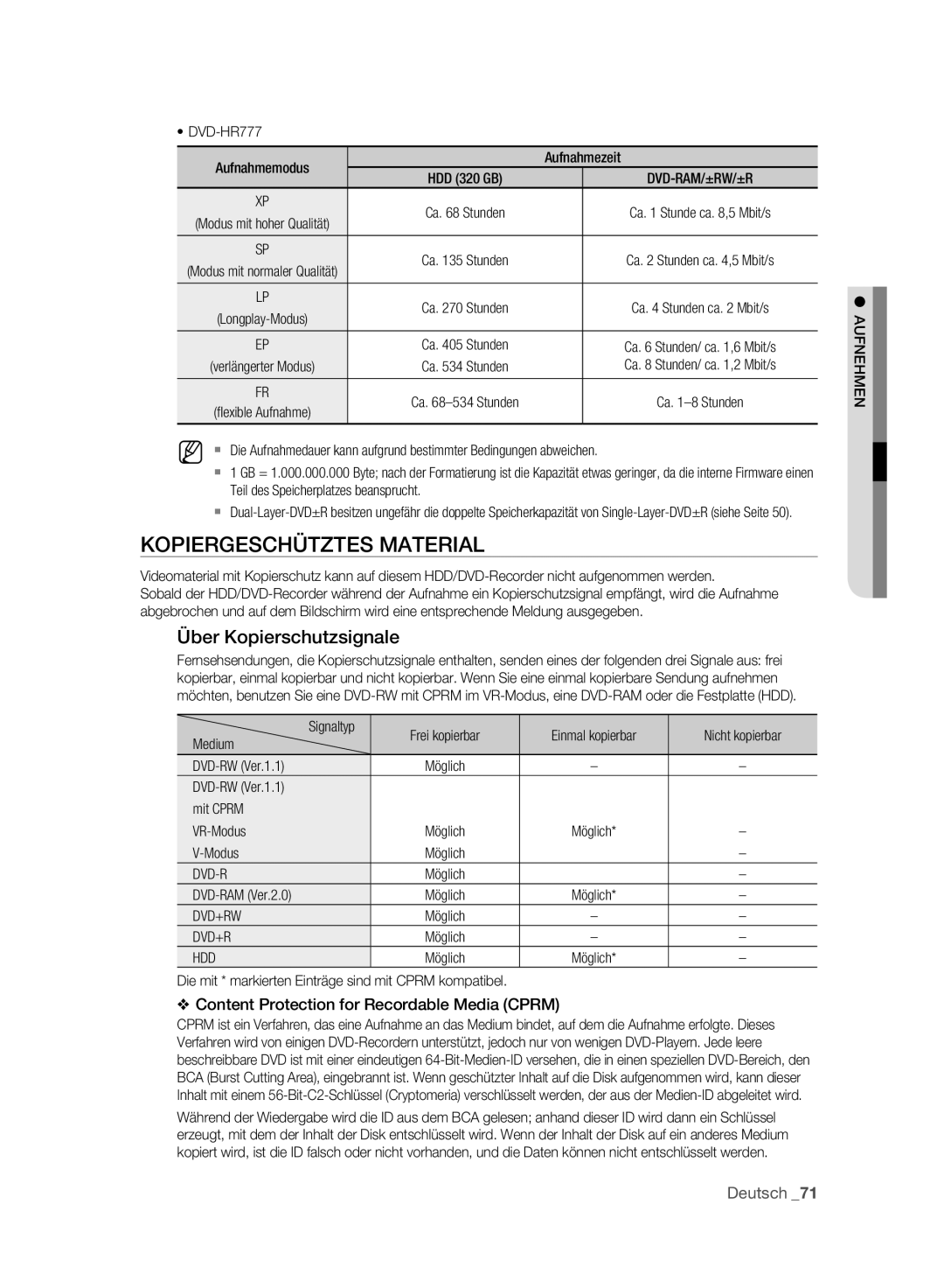 Samsung DVD-HR775A/EDC Kopiergeschütztes Material, Über Kopierschutzsignale, Content Protection for Recordable Media Cprm 