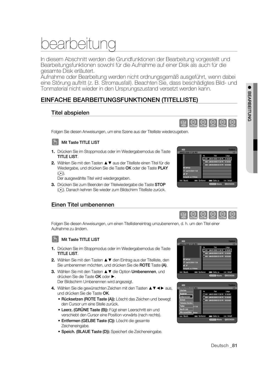 Samsung DVD-HR773A/AUS Einfache Bearbeitungsfunktionen Titelliste, Titel abspielen, Einen Titel umbenennen, Title List 