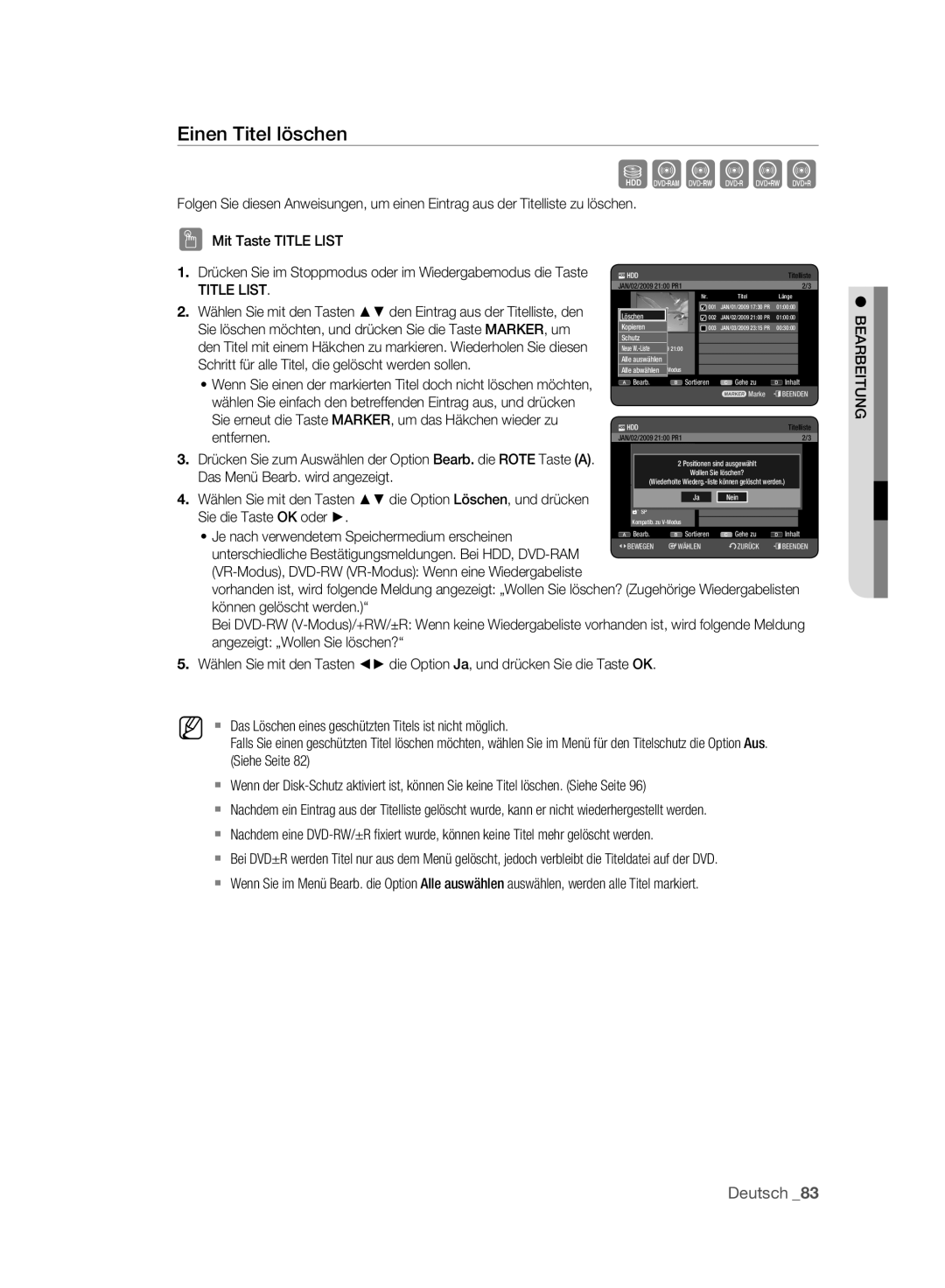 Samsung DVD-HR777A/AUS, DVD-HR775A/XEN, DVD-HR775A/EDC Einen Titel löschen, Je nach verwendetem Speichermedium erscheinen 