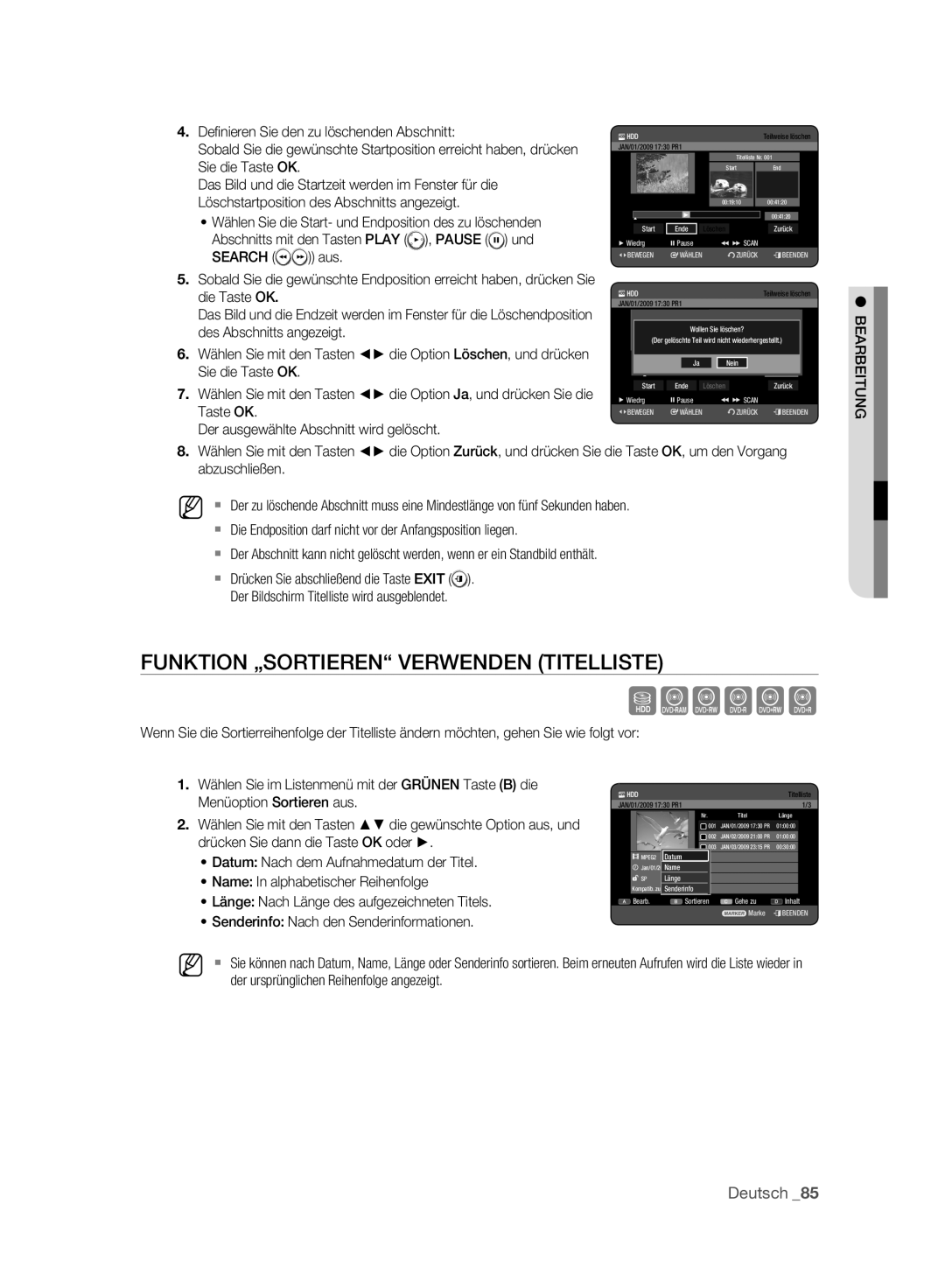 Samsung DVD-HR775A/EDC, DVD-HR775A/XEN Funktion „SORTIEREN Verwenden Titelliste, Datum Nach dem Aufnahmedatum der Titel 