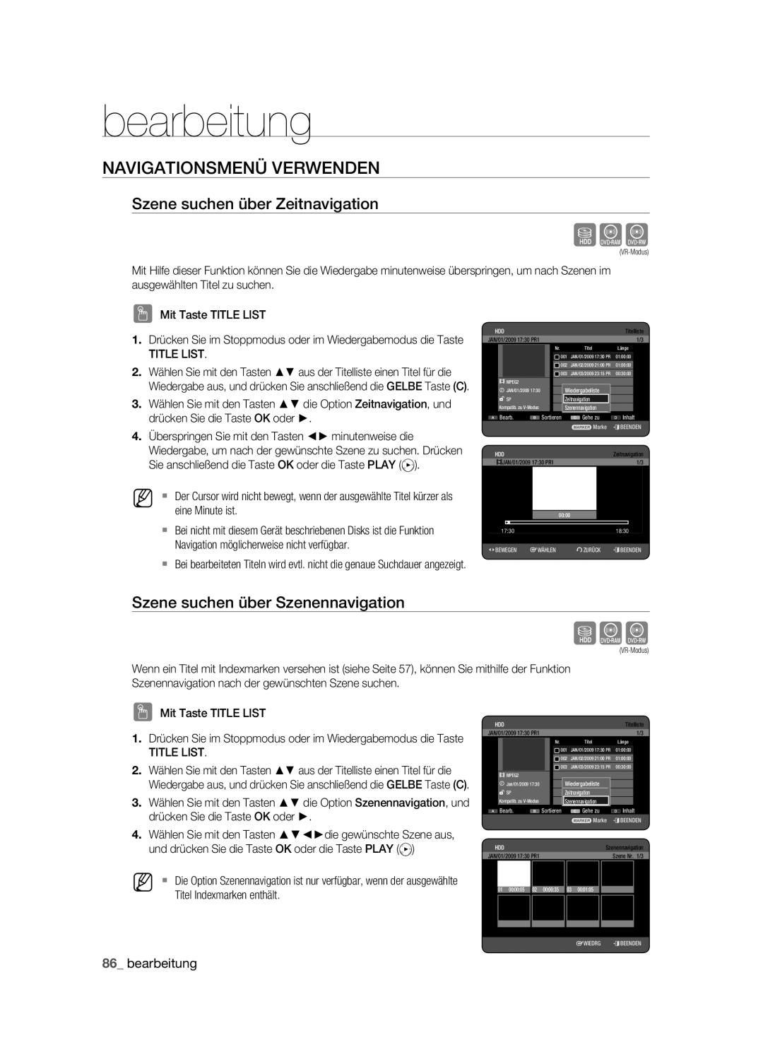 Samsung DVD-HR773A/XEN Navigationsmenü Verwenden, Szene suchen über Zeitnavigation, Szene suchen über Szenennavigation 