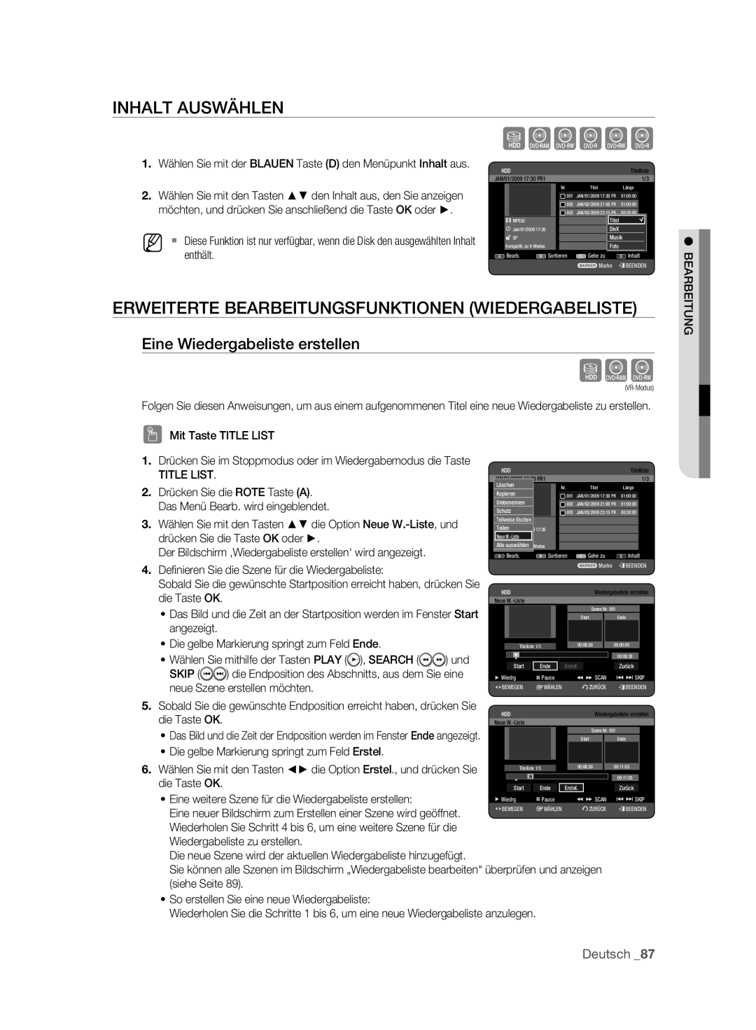 Samsung DVD-HR777A/XEG Inhalt Auswählen, Erweiterte Bearbeitungsfunktionen Wiedergabeliste, Eine Wiedergabeliste erstellen 