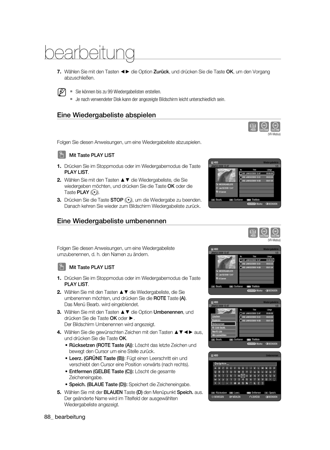 Samsung DVD-HR777A/EDC, DVD-HR775A/XEN manual Eine Wiedergabeliste abspielen, Eine Wiedergabeliste umbenennen, Play List 