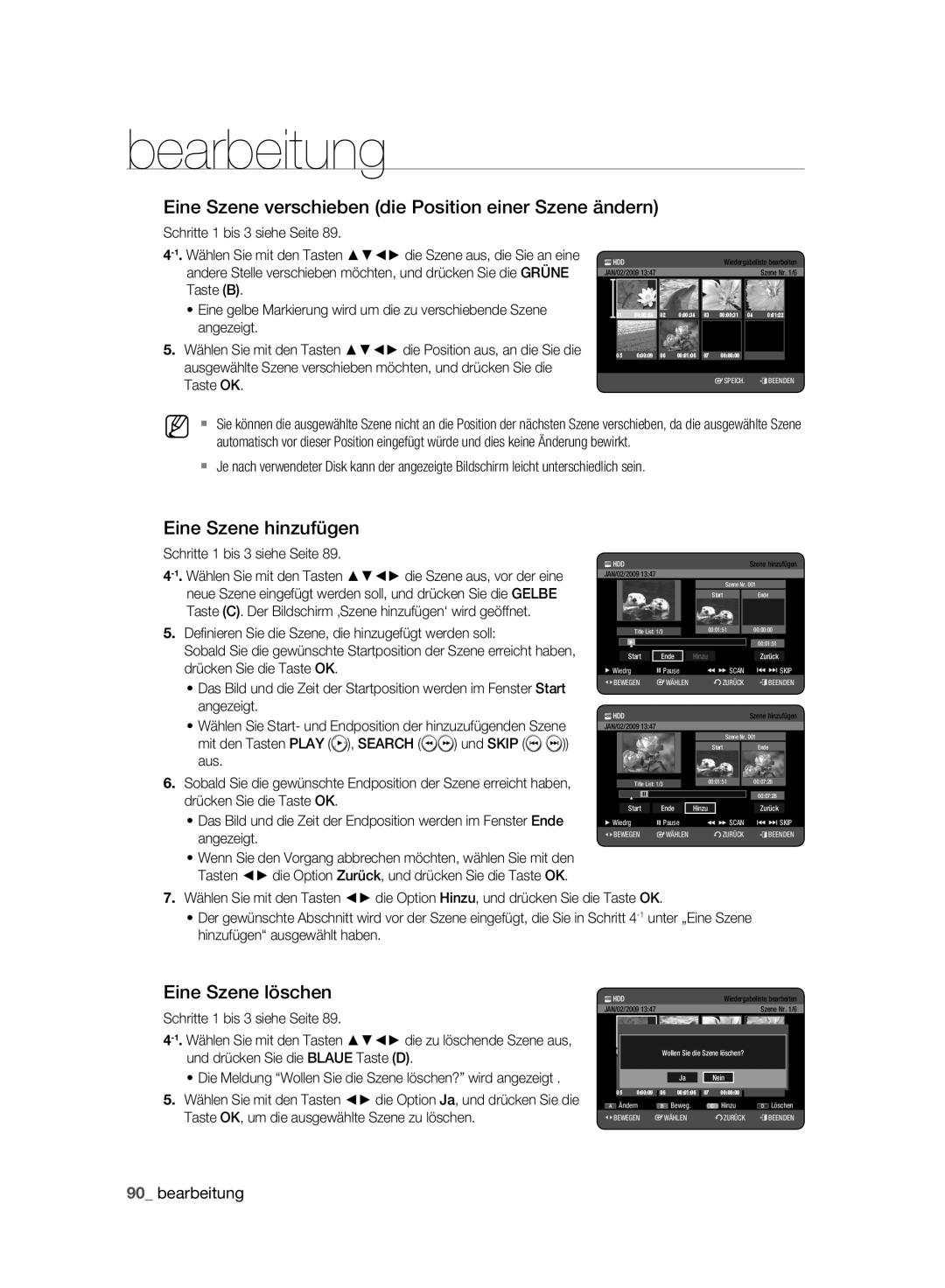 Samsung DVD-HR773A/XEB Eine Szene verschieben die Position einer Szene ändern, Eine Szene hinzufügen, Eine Szene löschen 