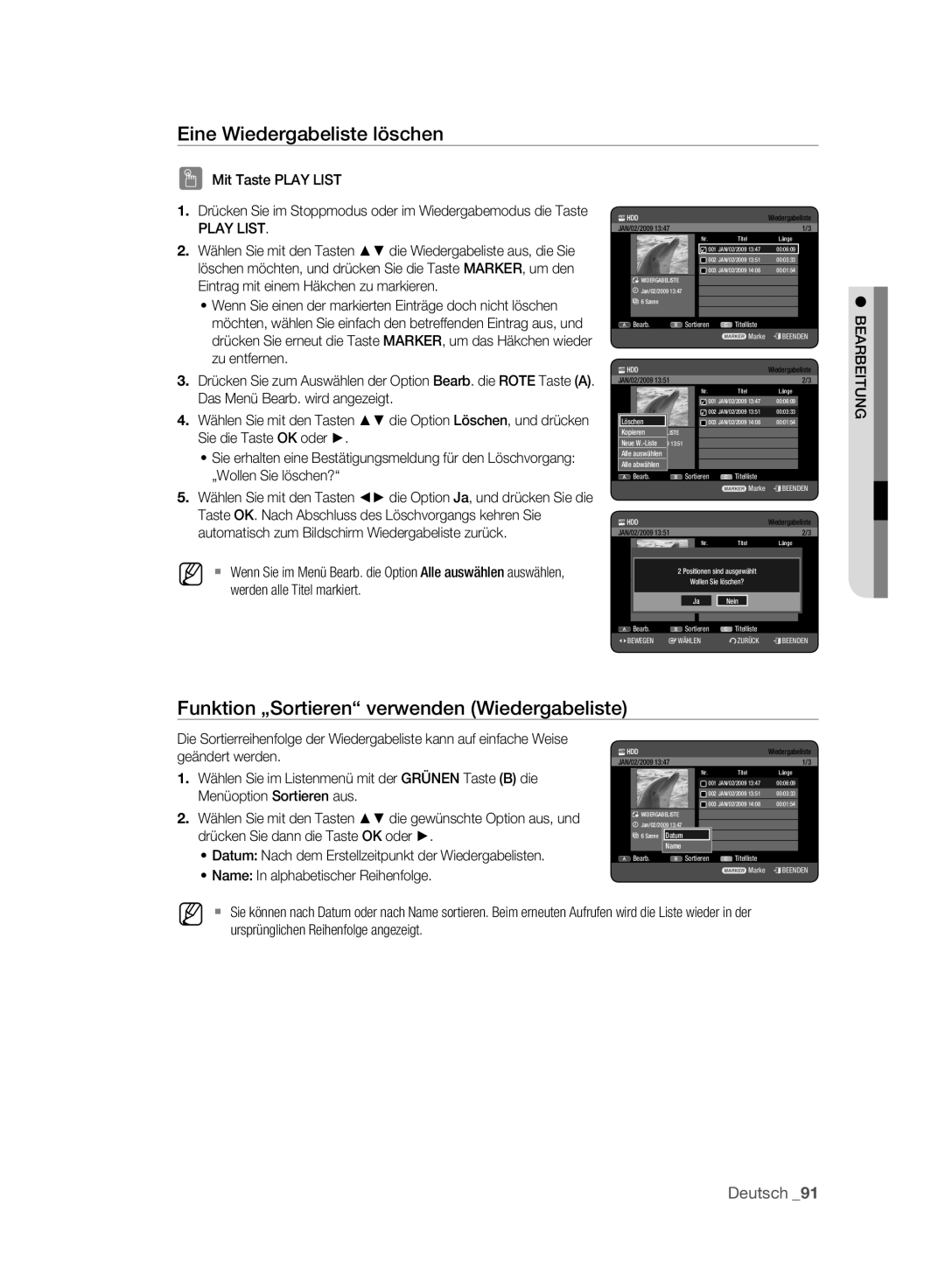 Samsung DVD-HR773A/EDC, DVD-HR775A/XEN, DVD-HR775A/EDC, DVD-HR773A/XEN manual Eine Wiedergabeliste löschen, Geändert werden 