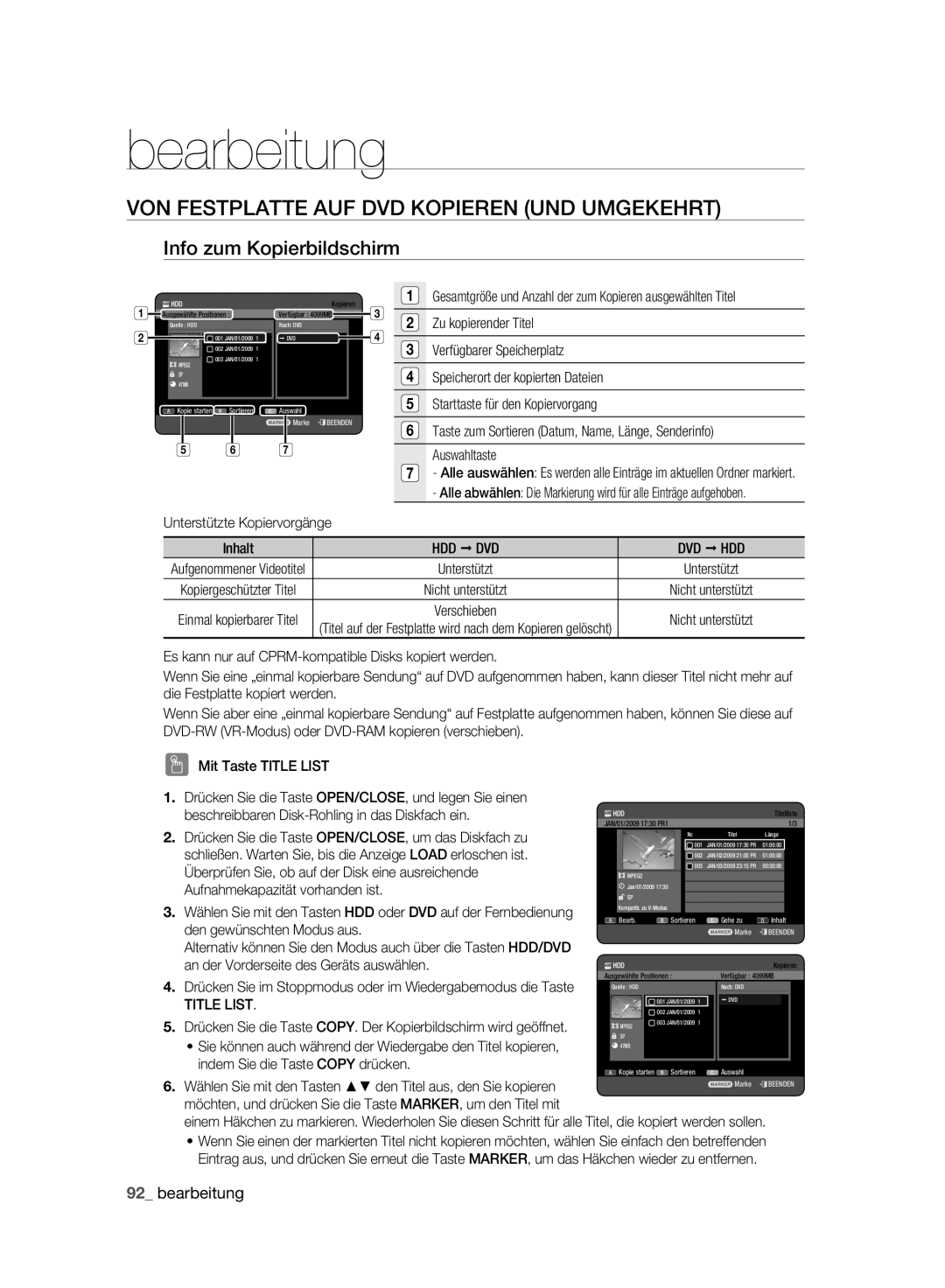 Samsung DVD-HR775A/AUS manual VON Festplatte AUF DVD Kopieren UND Umgekehrt, Info zum Kopierbildschirm, Hdd Œ Dvd Dvd Œ Hdd 