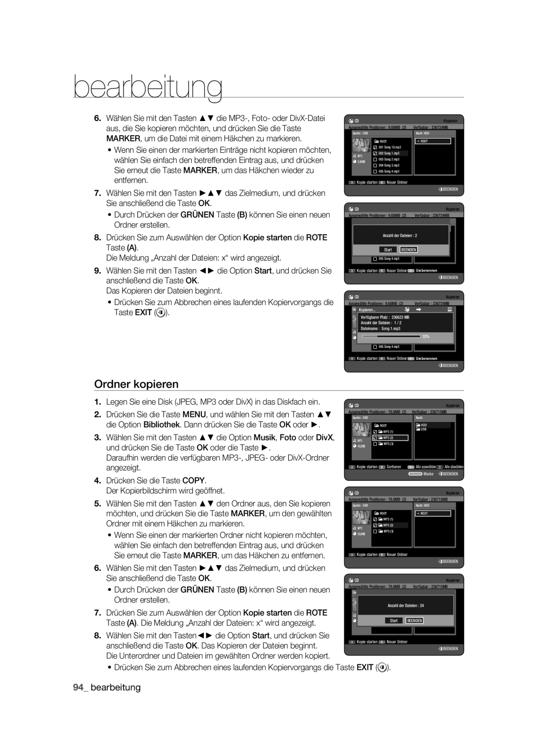 Samsung DVD-HR777A/XEB, DVD-HR775A/XEN manual Ordner kopieren, Legen Sie eine Disk JPEG, MP3 oder DivX in das Diskfach ein 