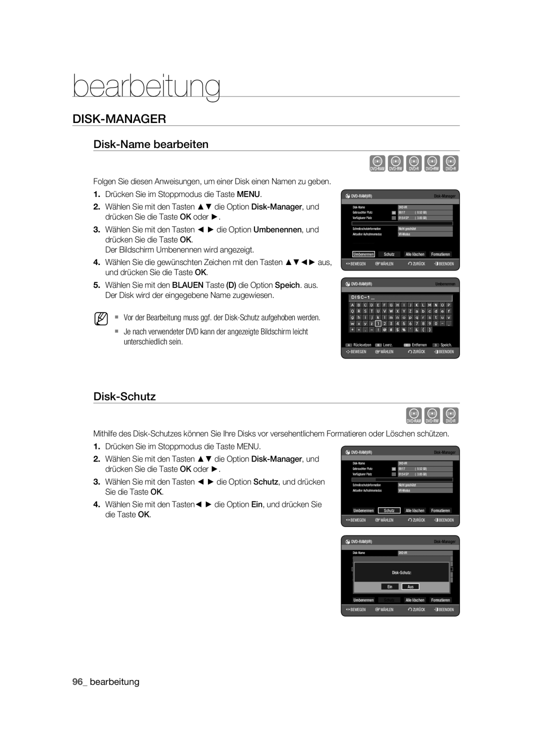 Samsung DVD-HR773A/XEG, DVD-HR775A/XEN, DVD-HR775A/EDC manual Xcvkl, Disk-Manager, Disk-Name bearbeiten, Disk-Schutz 