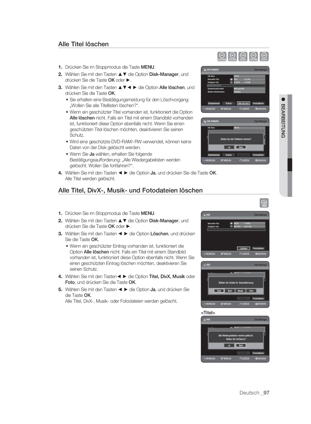 Samsung DVD-HR777A/AUS, DVD-HR775A/XEN manual Alle Titel löschen, Alle Titel, DivX-, Musik- und Fotodateien löschen 