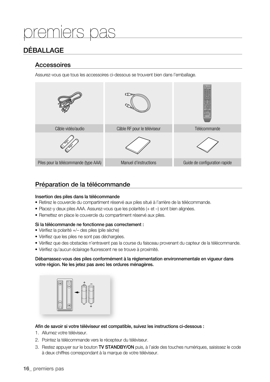 Samsung DVD-HR773/XEF, DVD-HR775/XEF, DVD-HR777/XEF manual Déballage, Accessoires, Préparation de la télécommande 