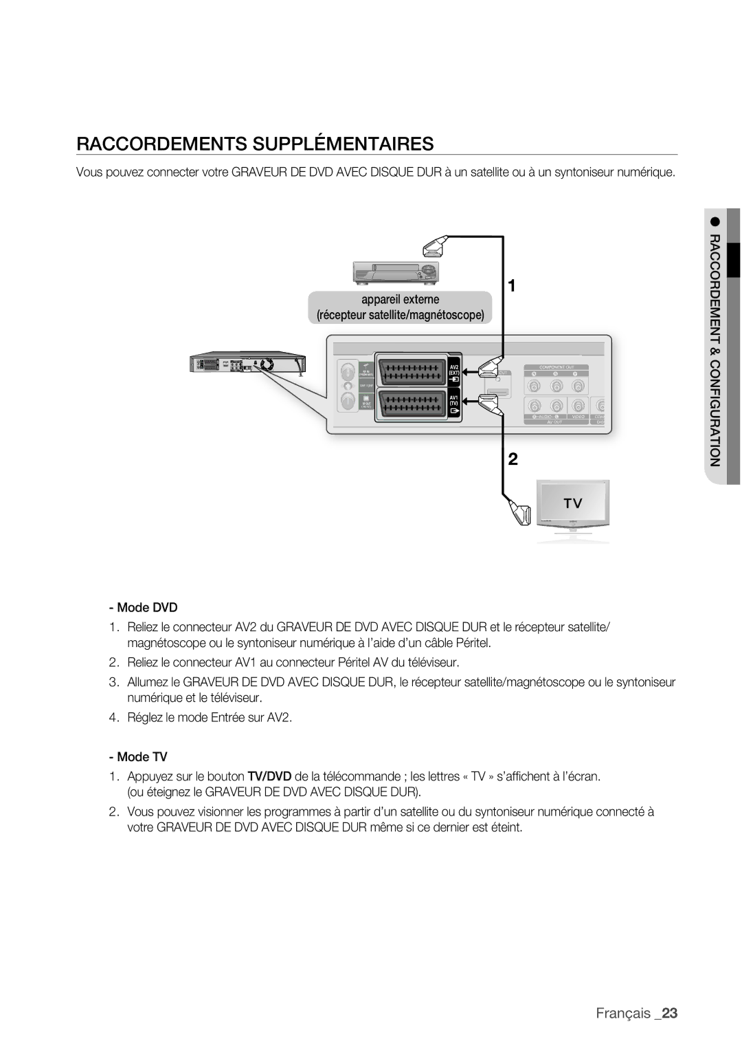 Samsung DVD-HR777/XEF manual Raccordements Supplémentaires, Appareil externe Récepteur satellite/magnétoscope Mode DVD 